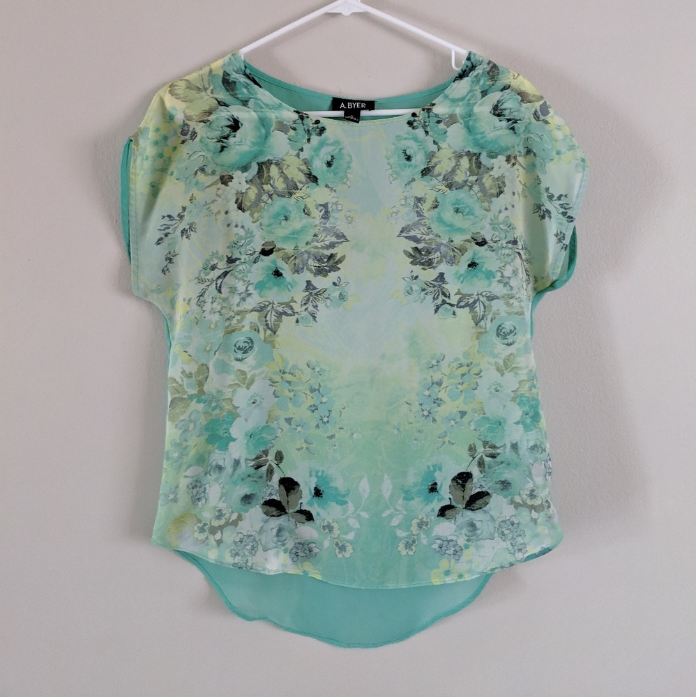 S teal floral chiffon t-shirt
